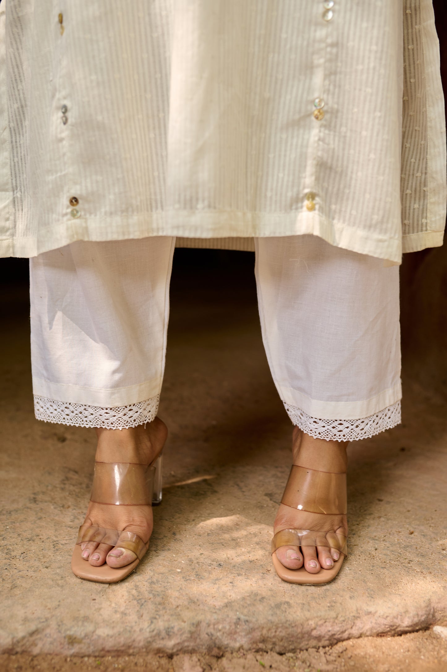 Off White Cotton Jacquard Kurta Set