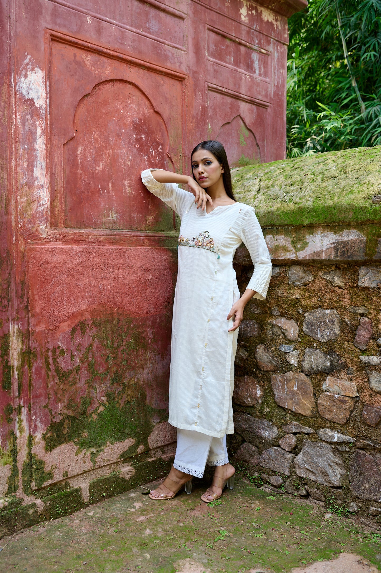 Off White Cotton Jacquard Kurta