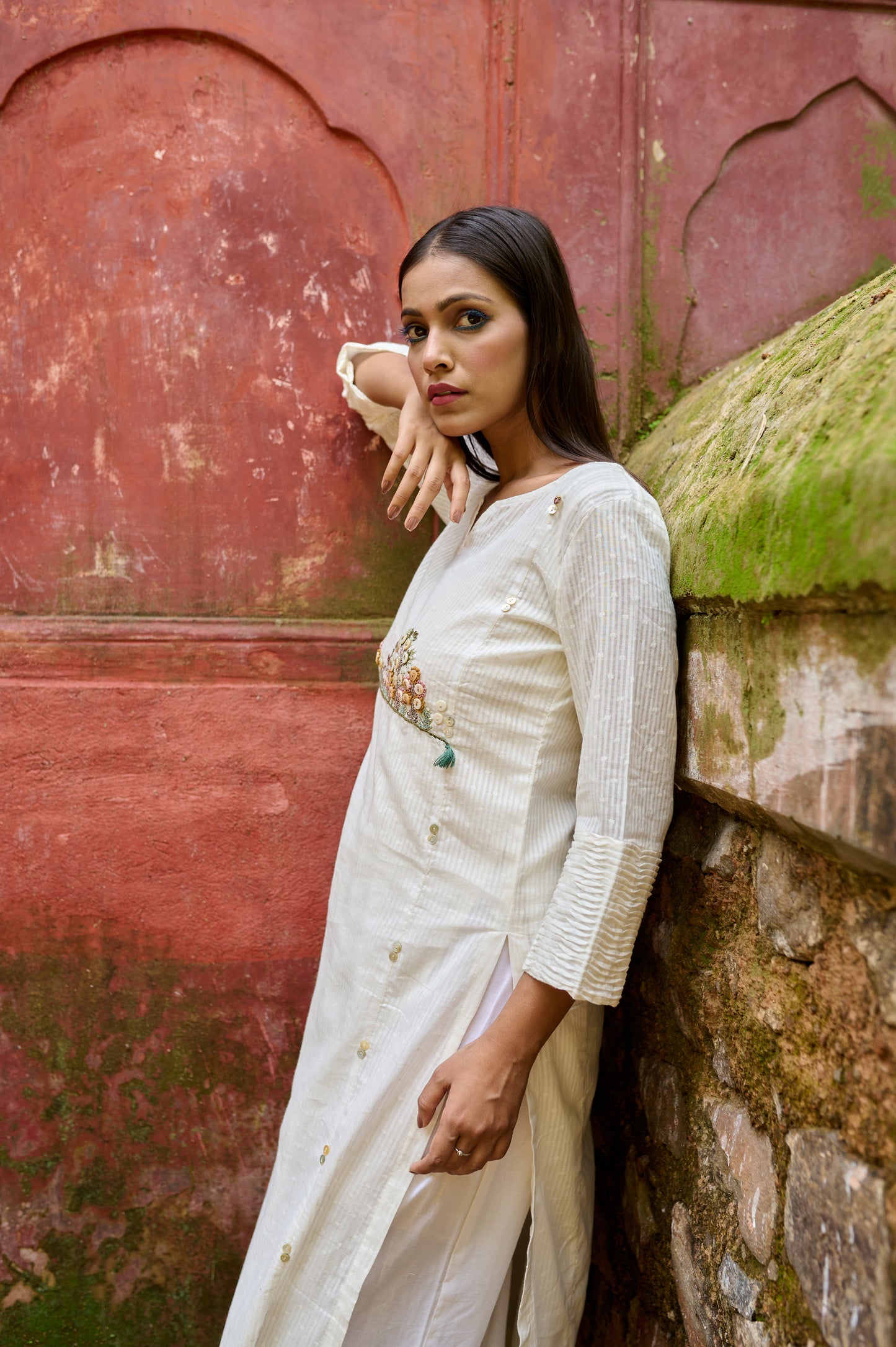 Off White Cotton Jacquard Kurta