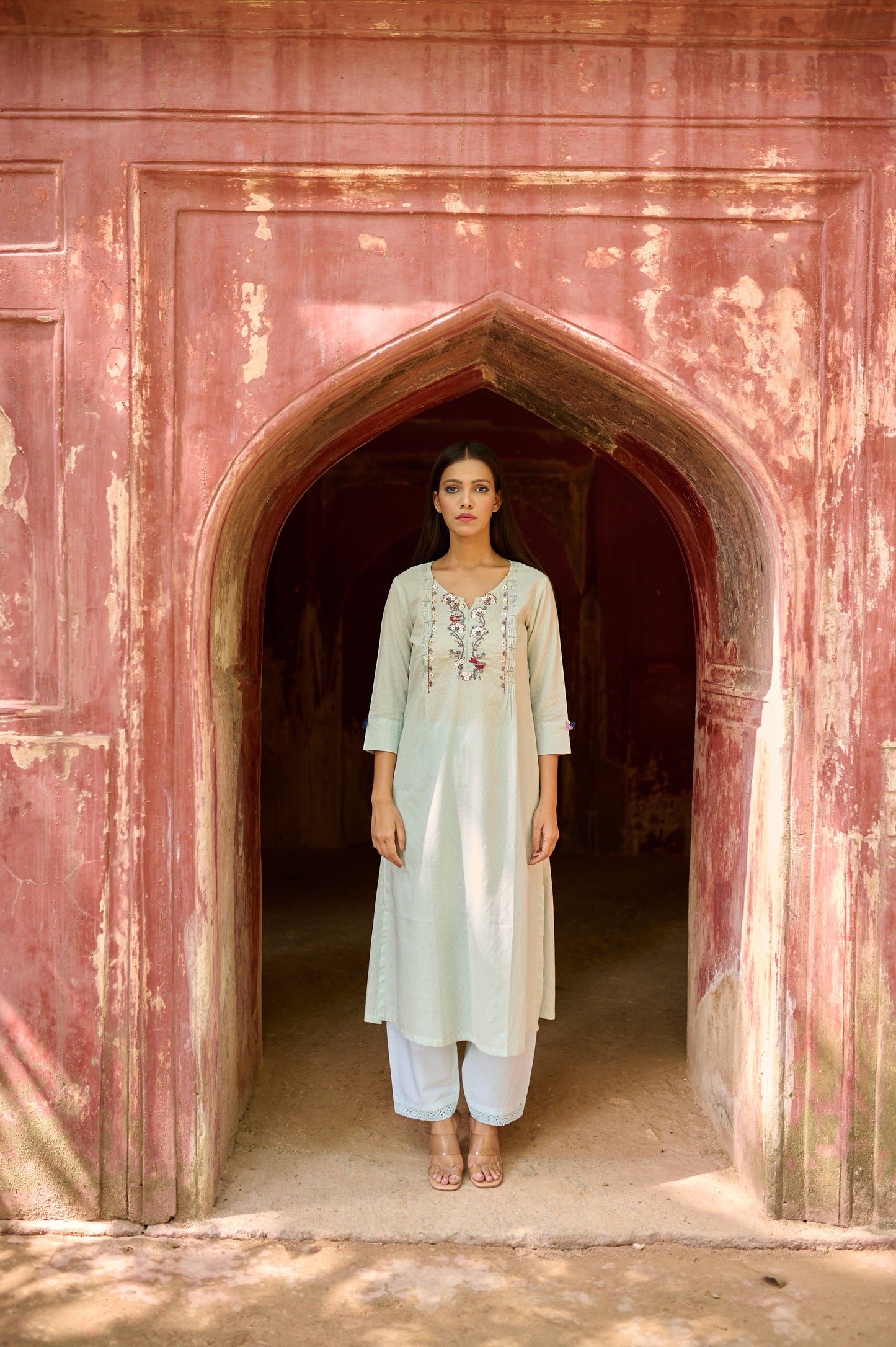 Light mint Blue Cotton Jacquard Kurta Set