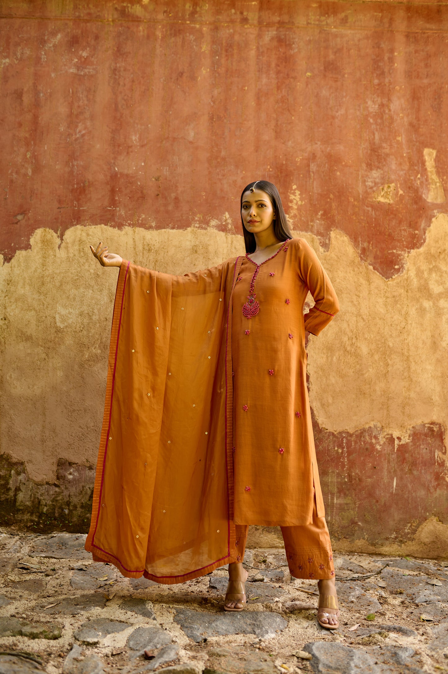 Rust Orange Cotton Silk Zardozi Kurta Set