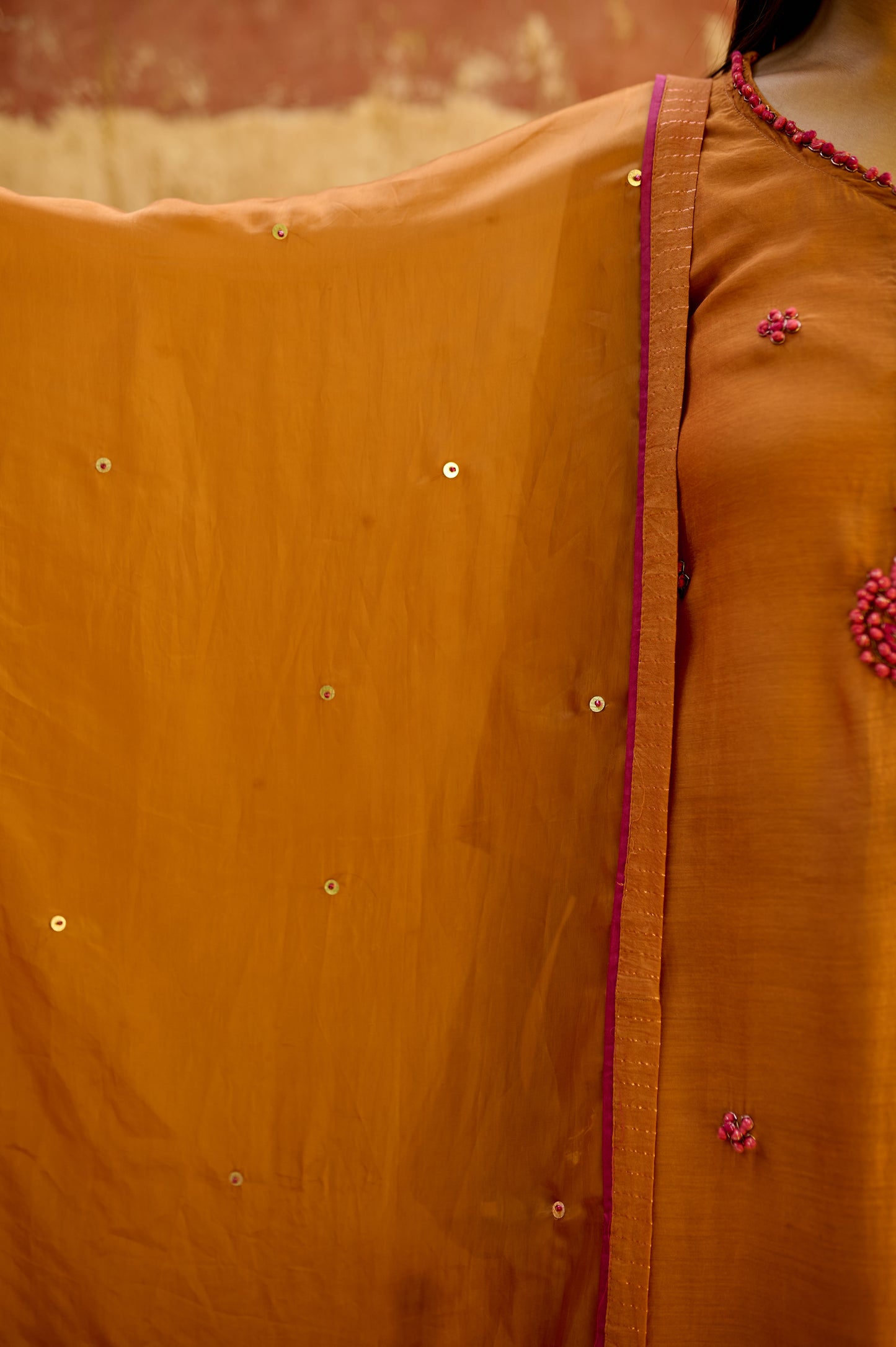 Rust Orange Cotton Silk Zardozi Kurta Set