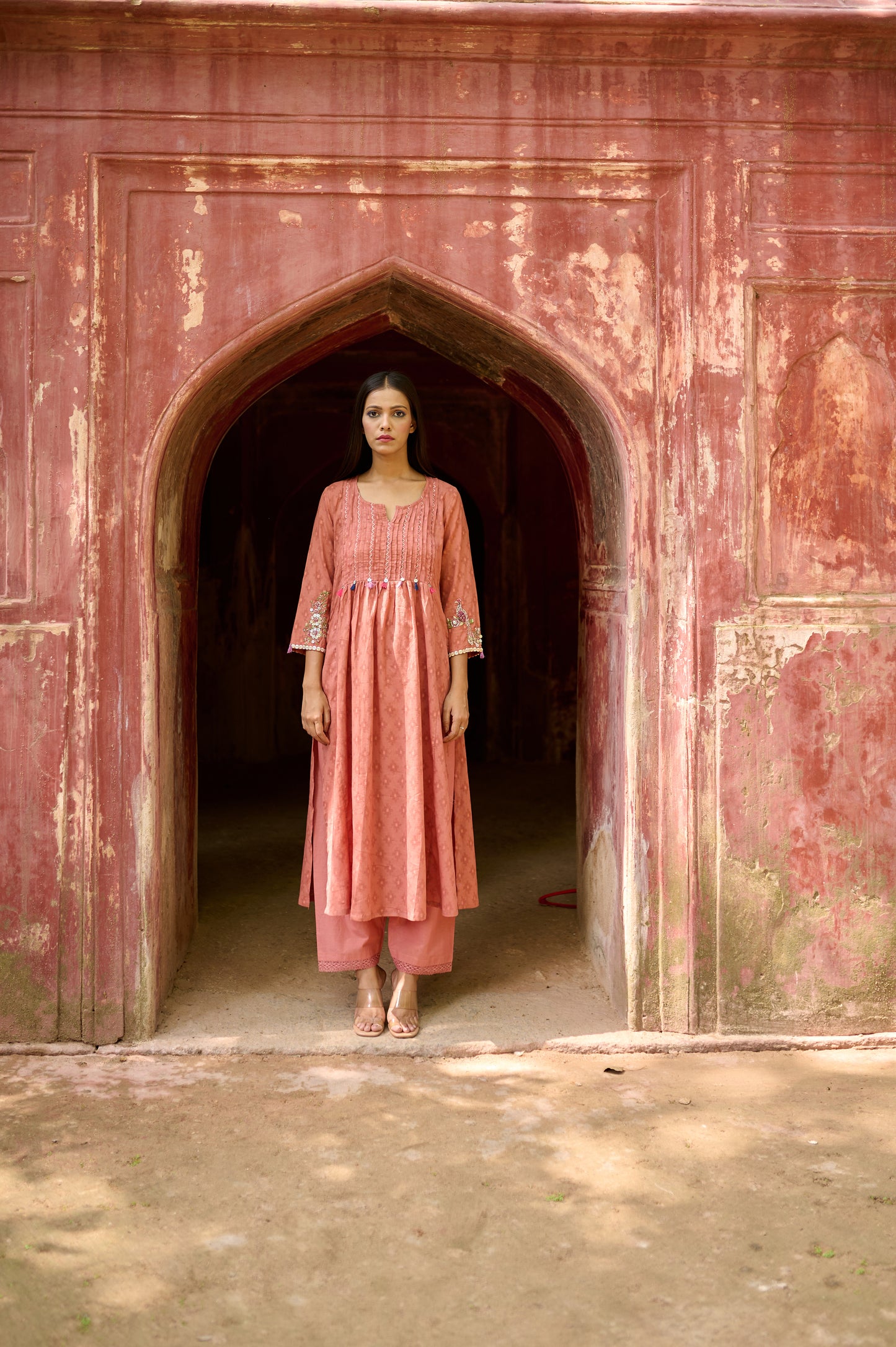 Rust Cotton Jacquard Kurta Set