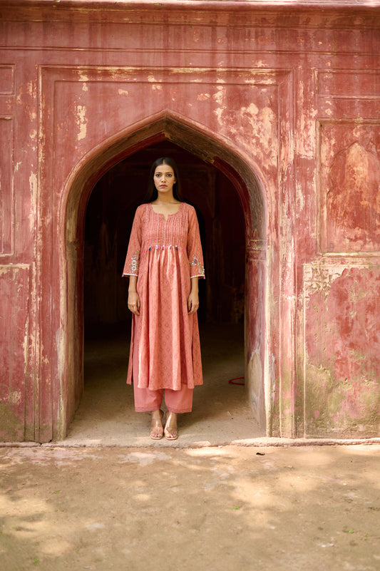 Rust Cotton Jacquard Kurta