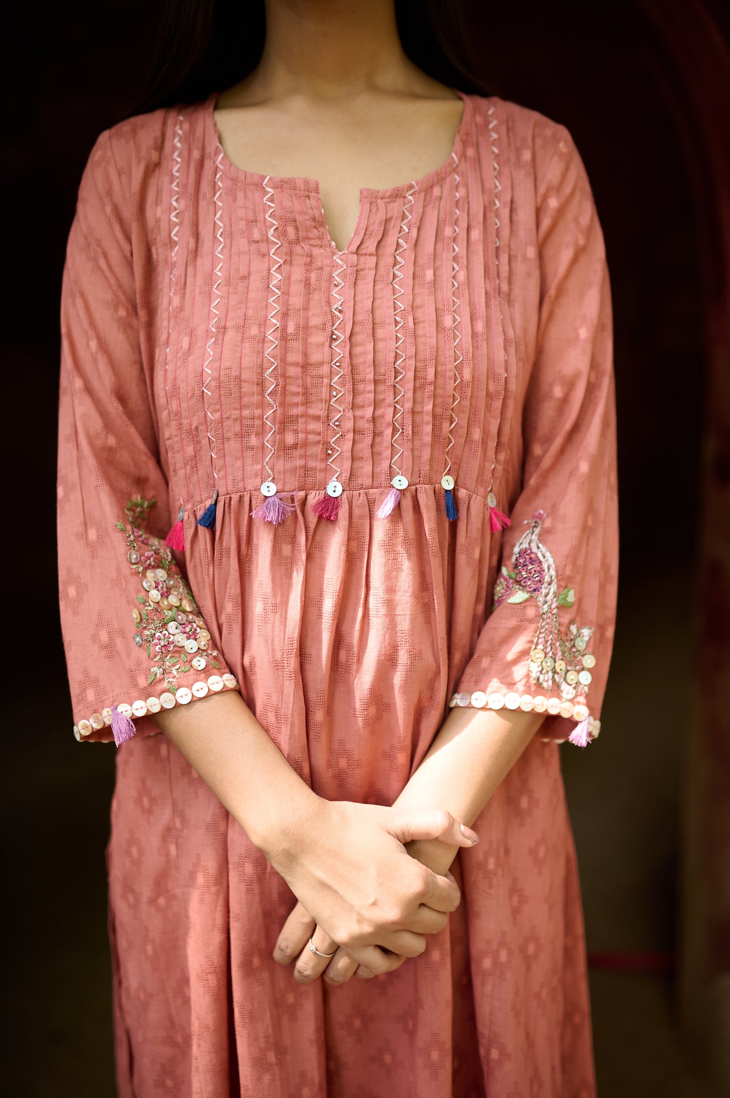 Rust Cotton Jacquard Kurta Set