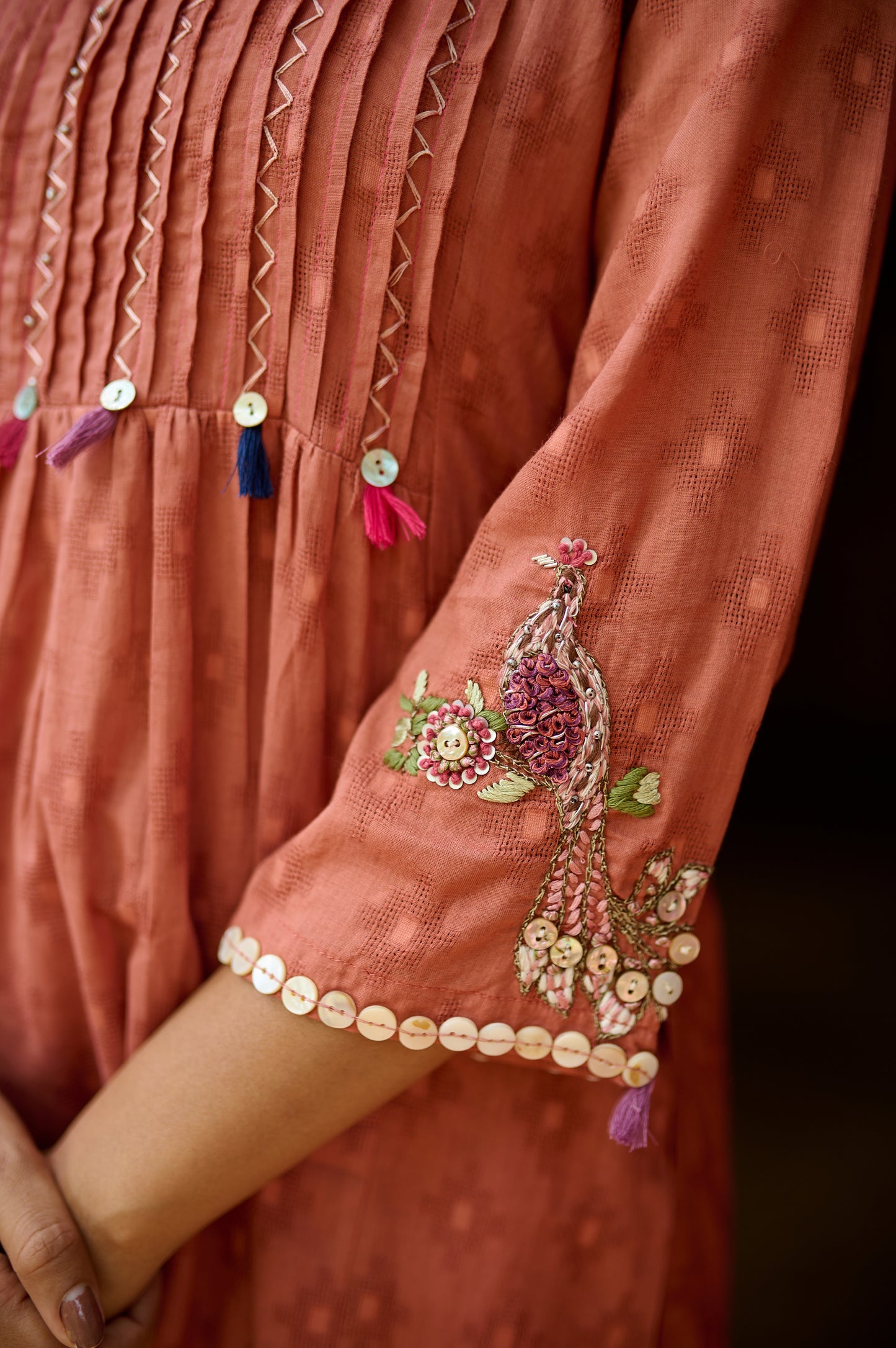 Rust Cotton Jacquard Kurta Set