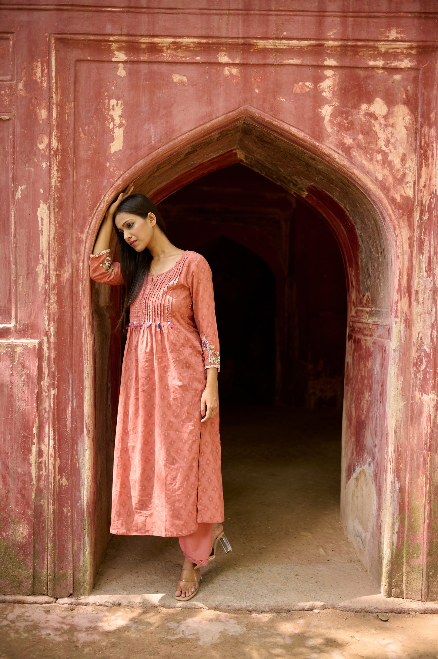 Rust Cotton Jacquard Kurta Set