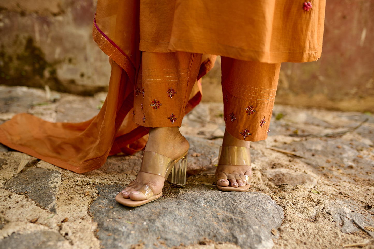 Rust Orange Cotton Silk Zardozi Kurta Set