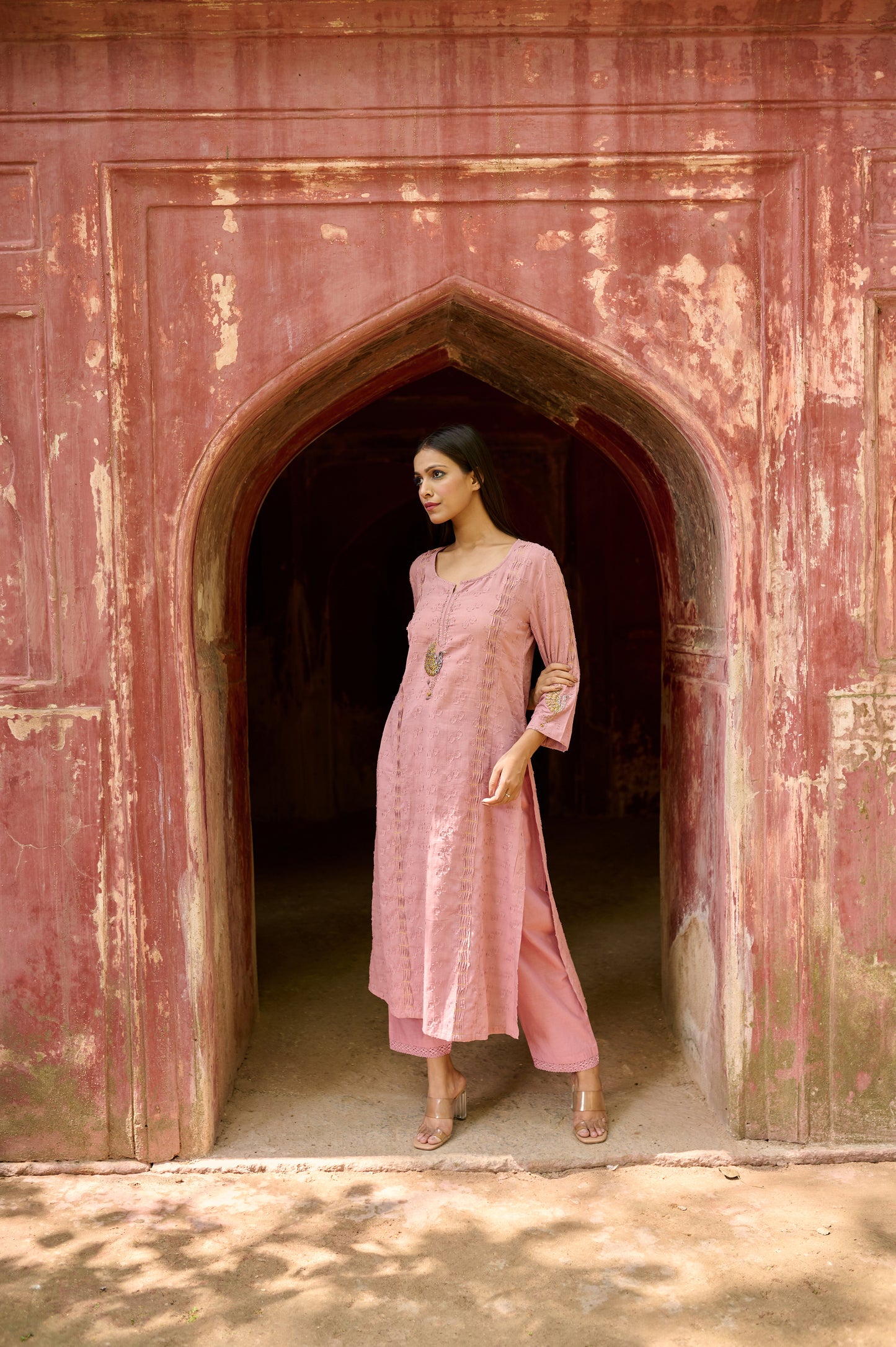 Dusty pink Cotton Jacquard Kurta Set