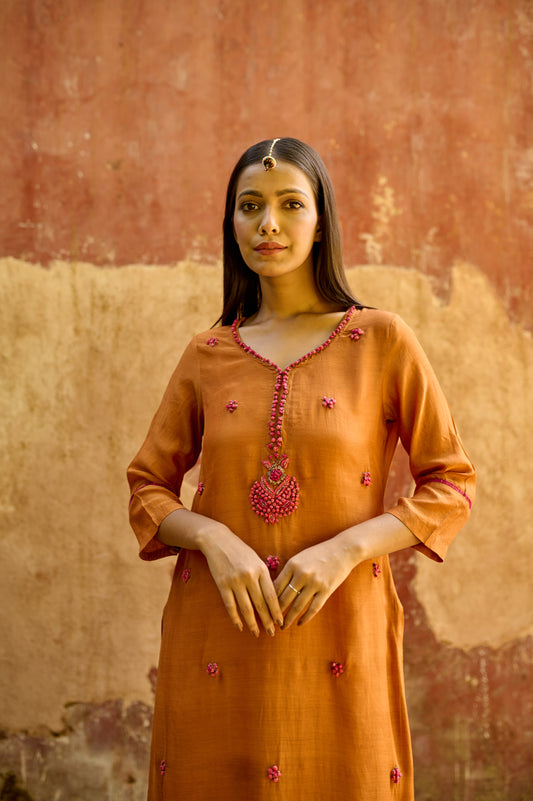 Rust Orange Cotton Silk Zardozi Kurta