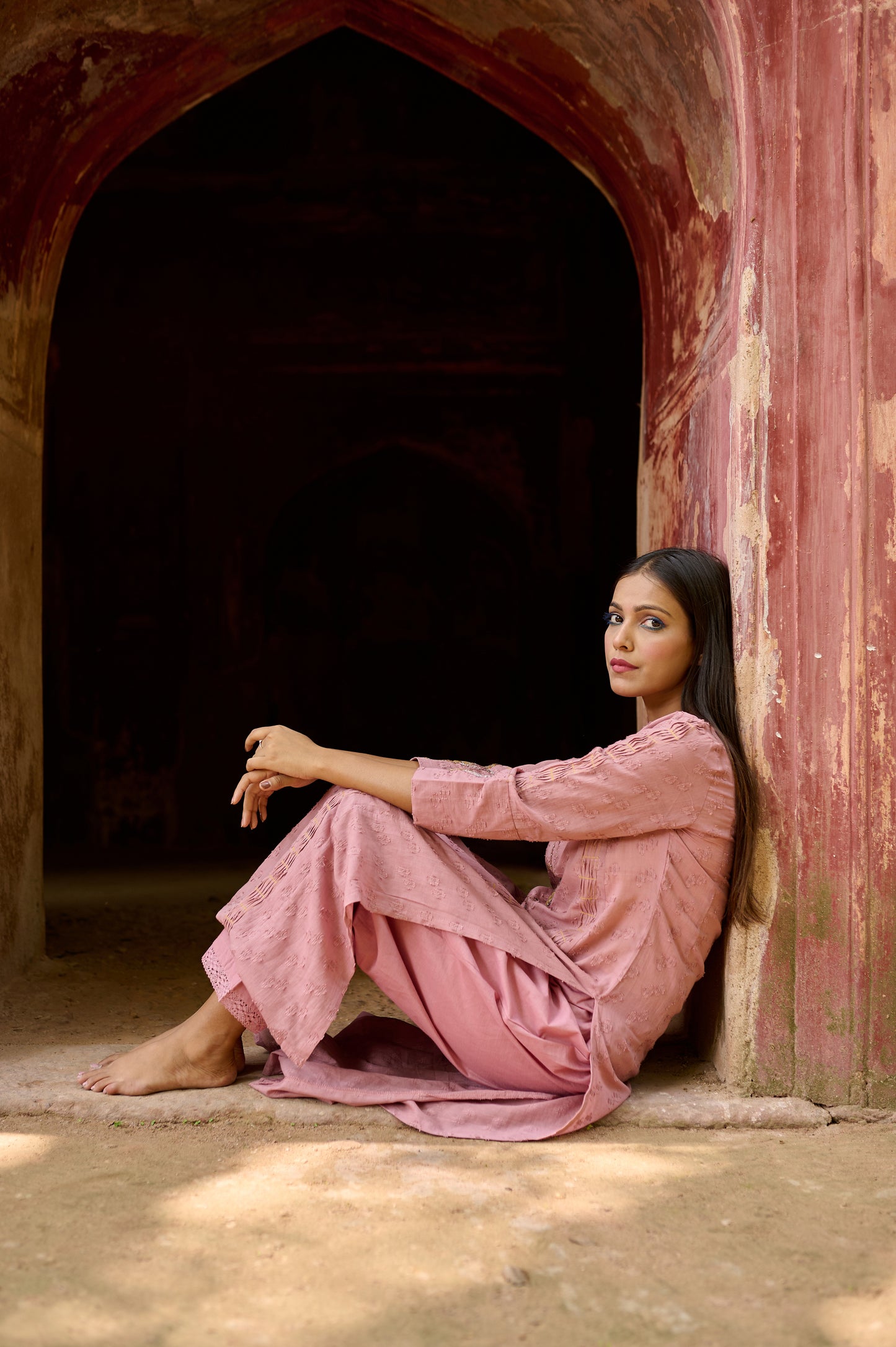 Dusty pink Cotton Jacquard Kurta Set