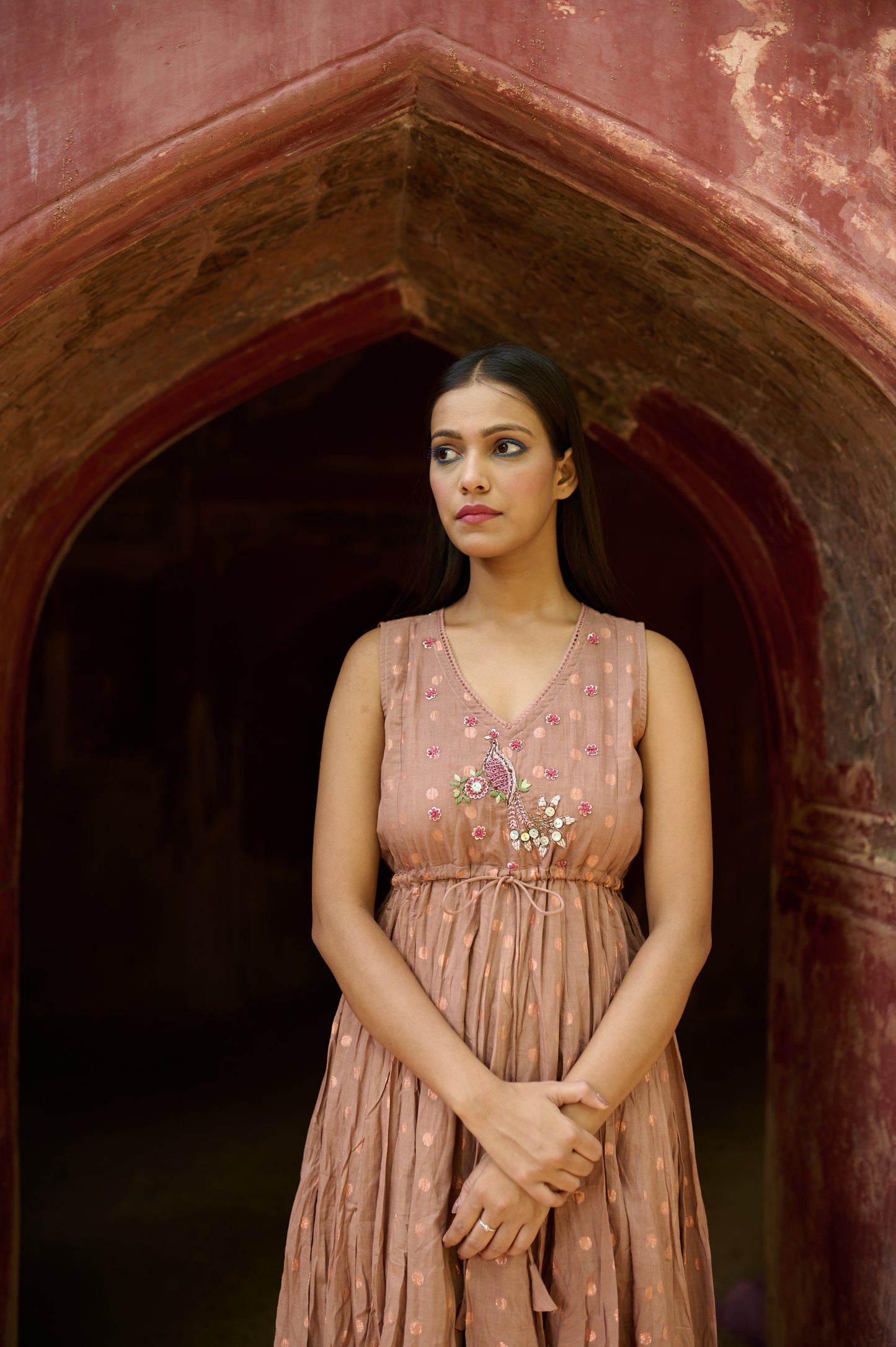 Brown Cotton Jacquard Flared Dress
