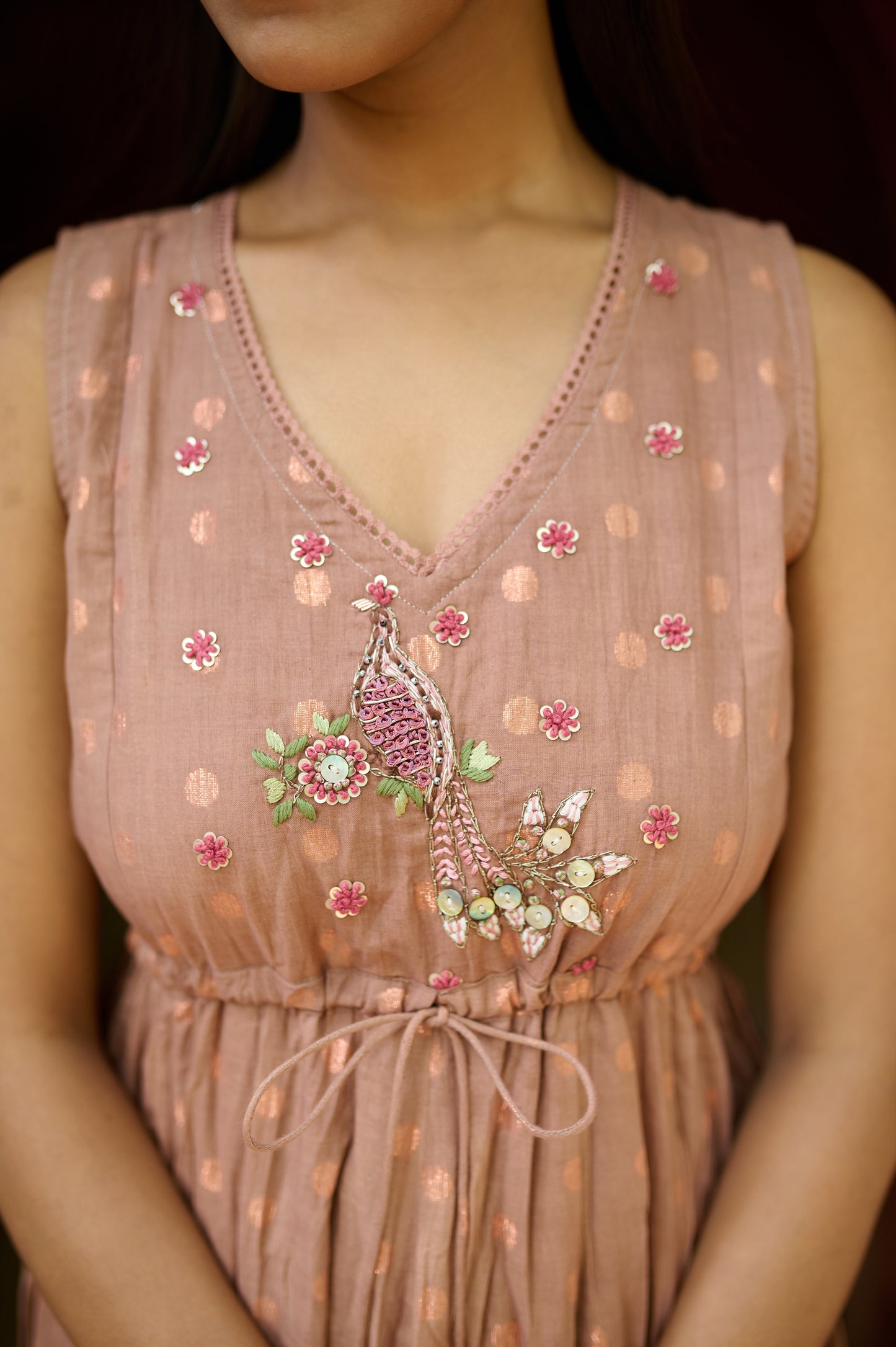 Brown Cotton Jacquard Flared Dress