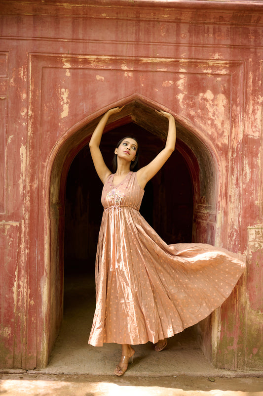 Brown Cotton Jacquard Flared Dress