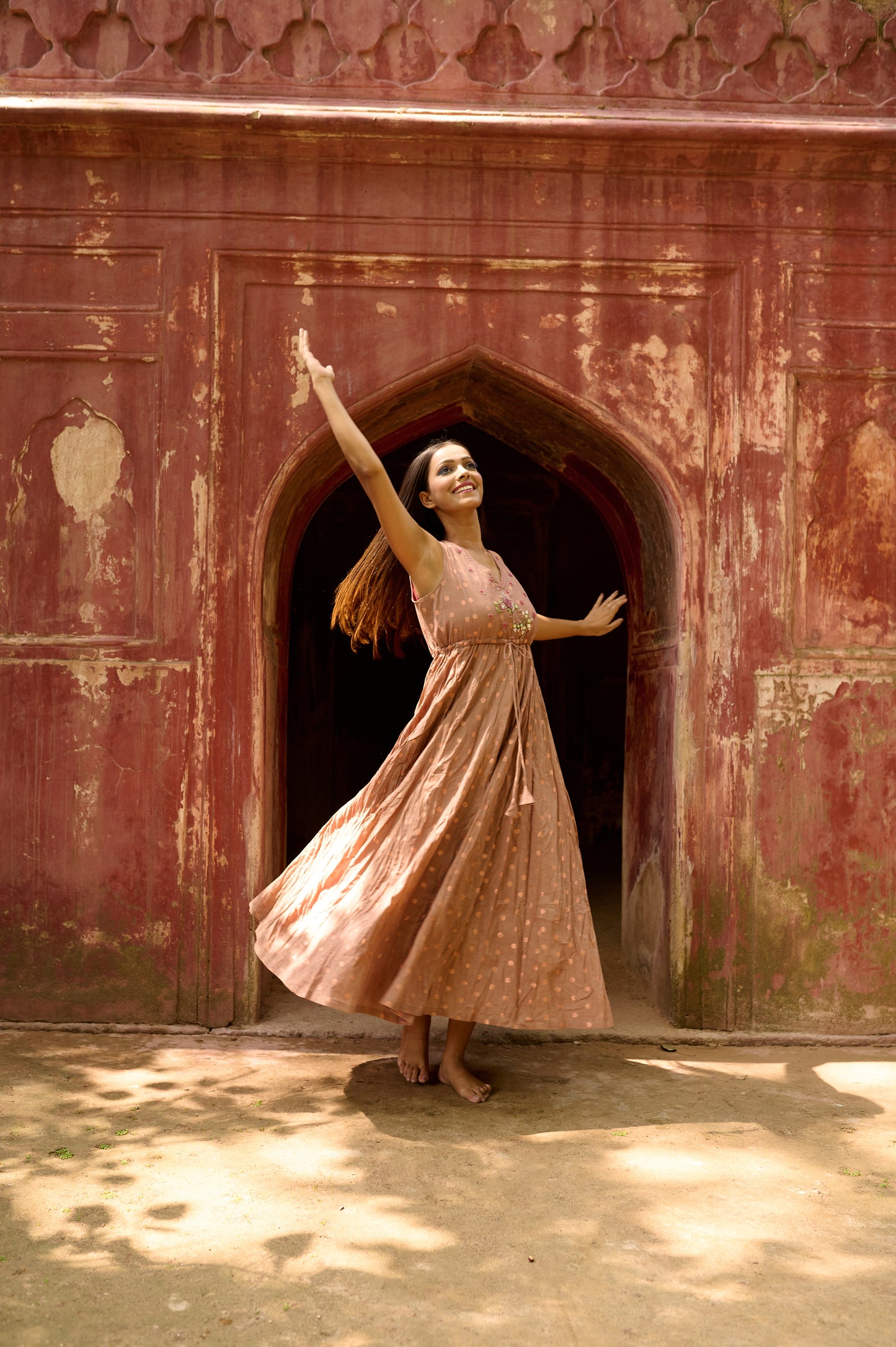 Brown Cotton Jacquard Flared Dress