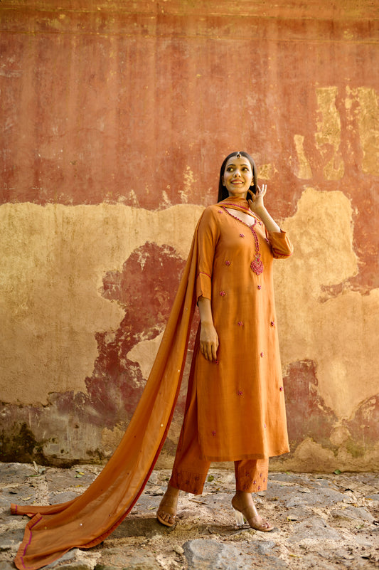 Rust Orange Cotton Silk Zardozi Kurta Set