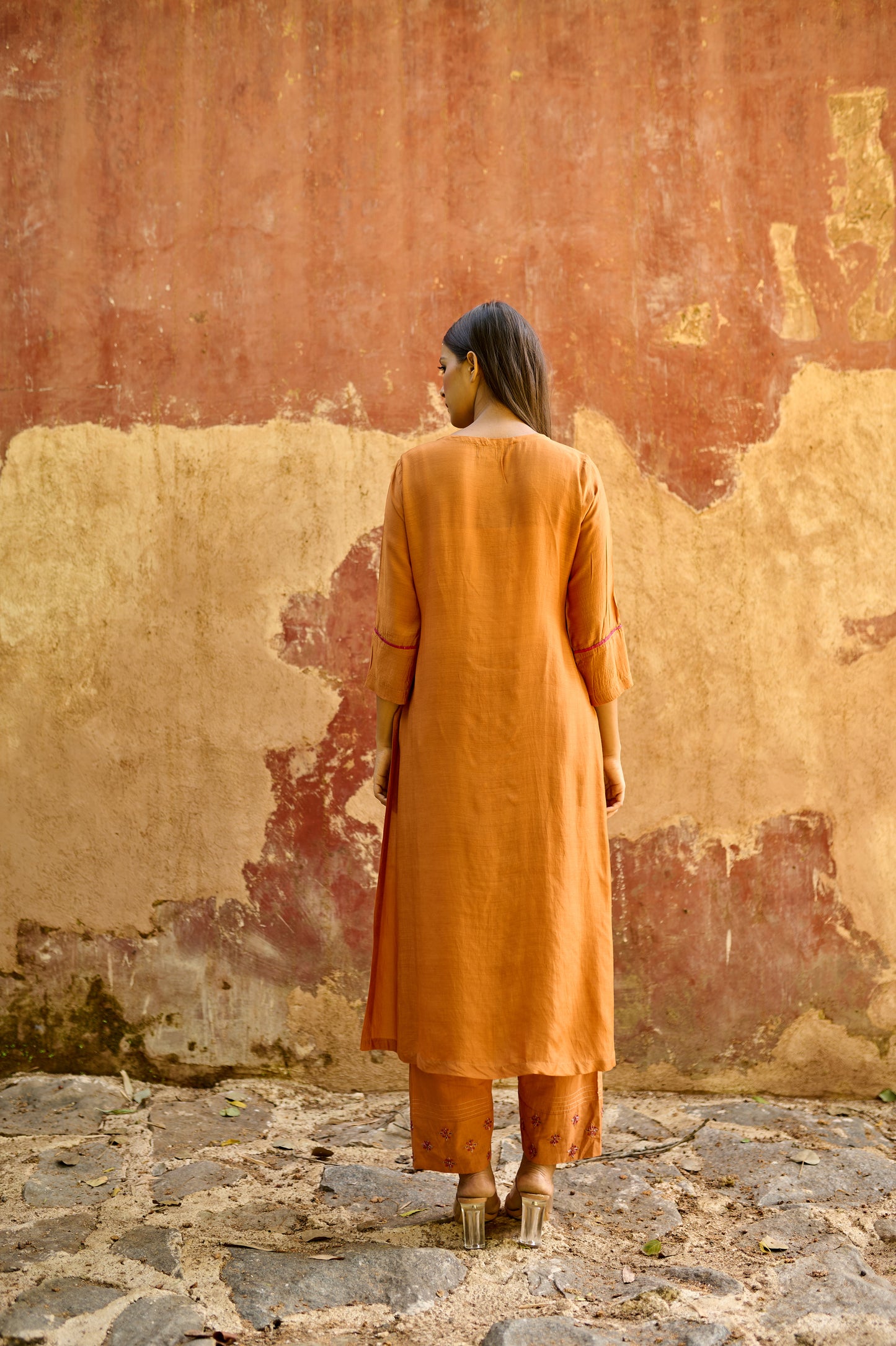 Rust Orange Cotton Silk Zardozi Kurta Set