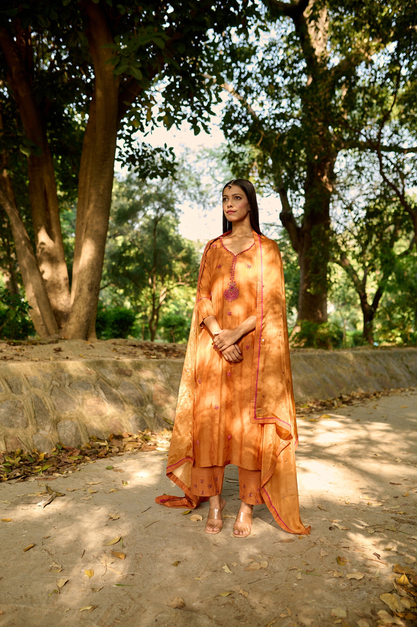 Rust Orange Cotton Silk Zardozi Kurta Set