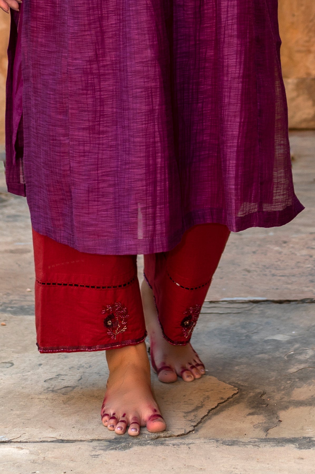 Red Zardozi Cotton Pants