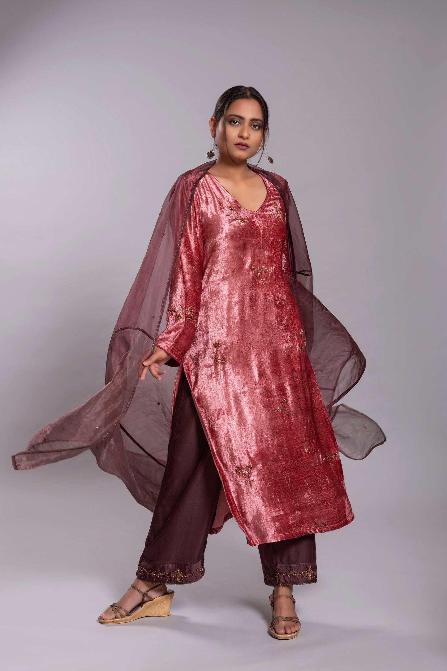 Old Rose Silk Velvet Kurta Set