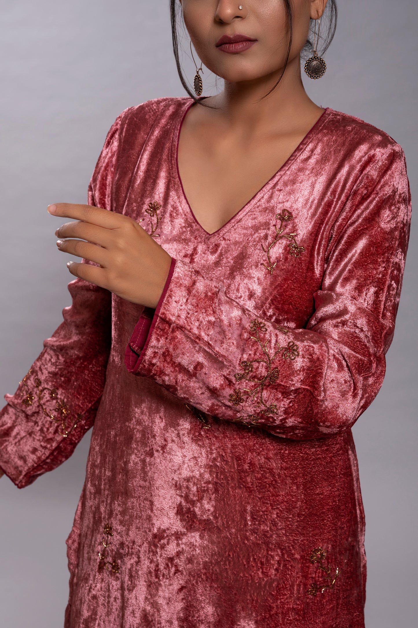 Old Rose Silk Velvet Kurta Set