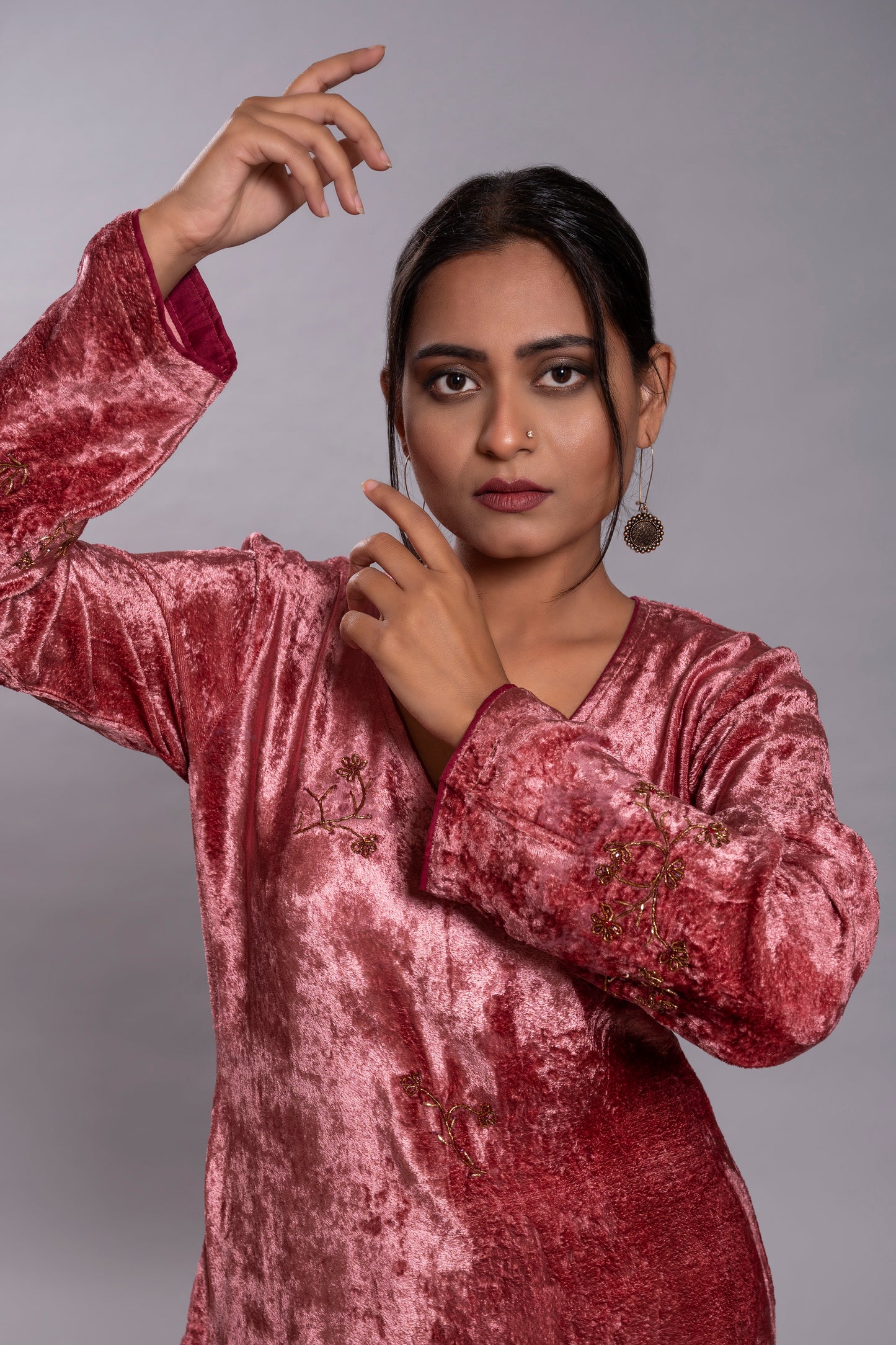 Old Rose Silk Velvet Kurta Set