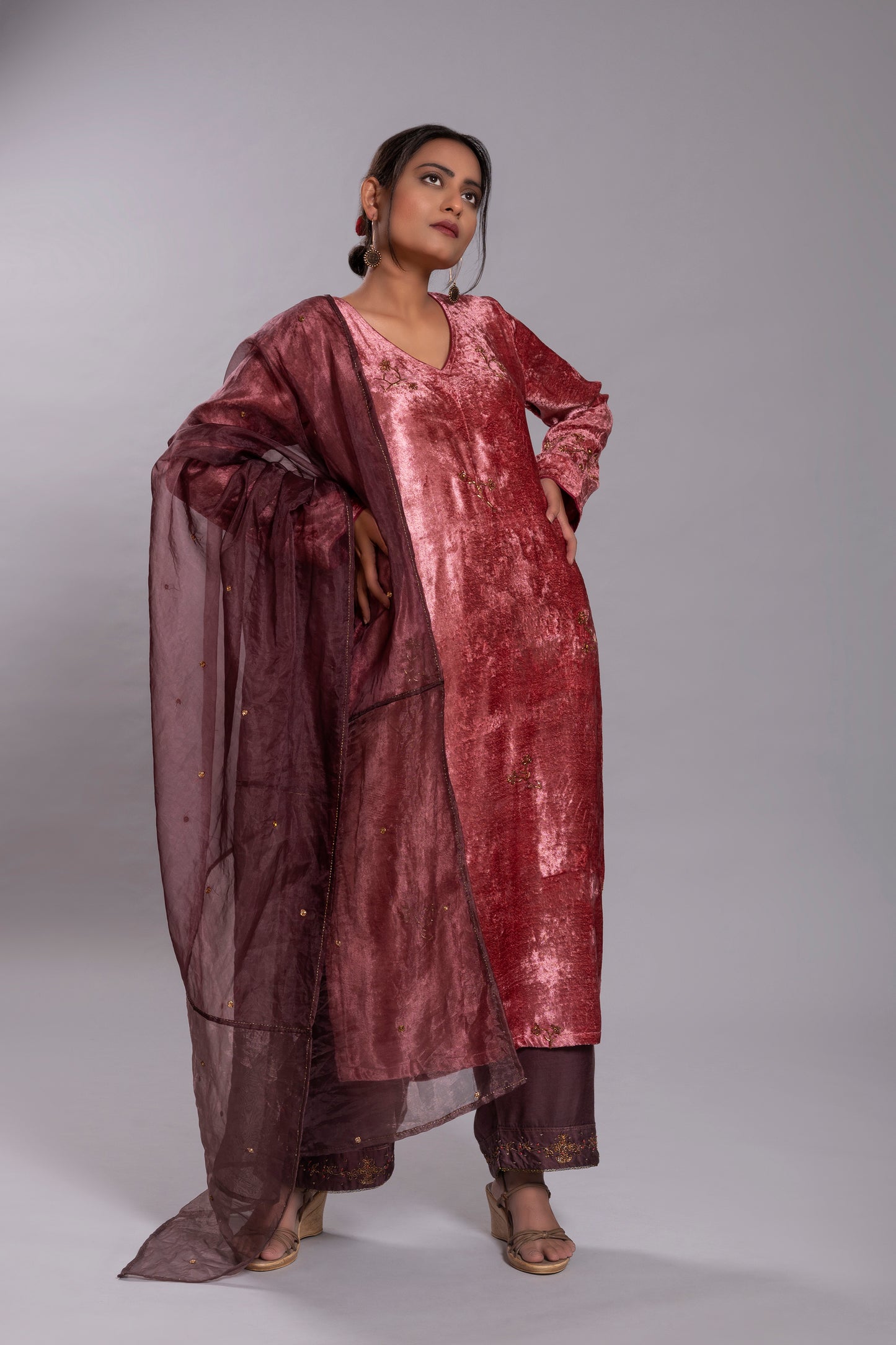 Old Rose Silk Velvet Kurta Set