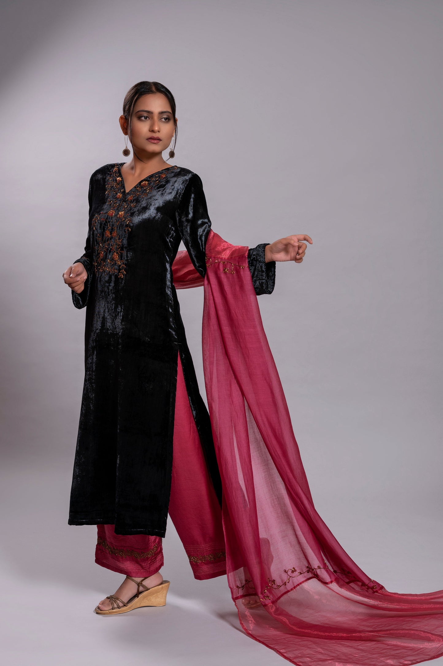 Black Silk Velvet Kurta Set