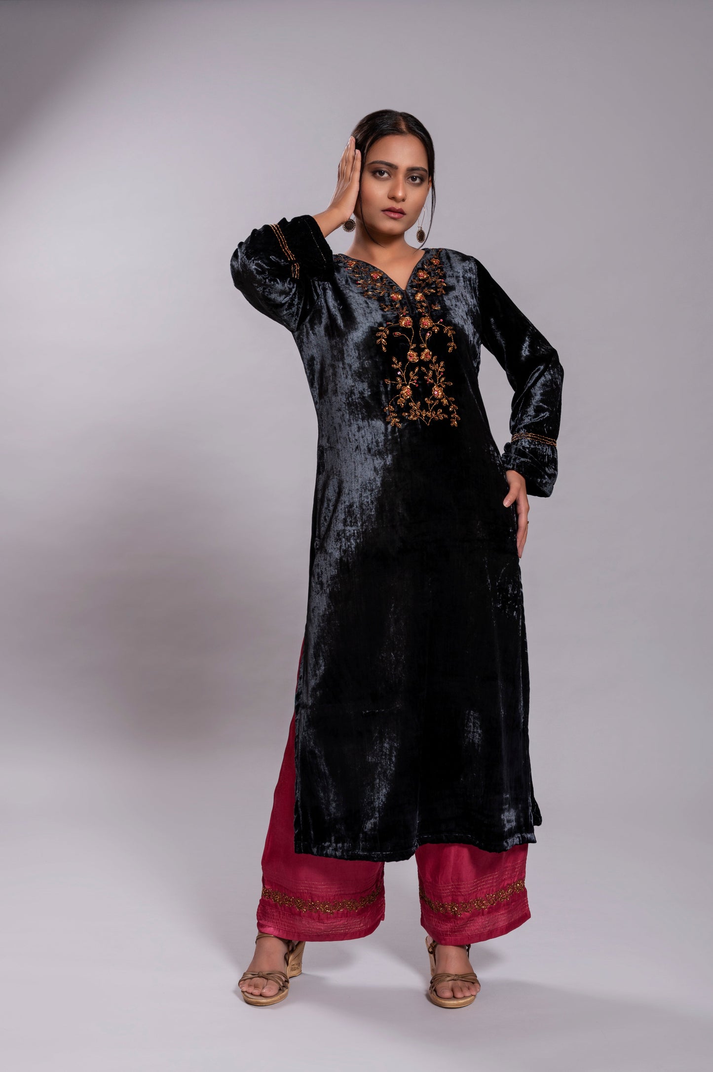 Black Silk Velvet Kurta Set