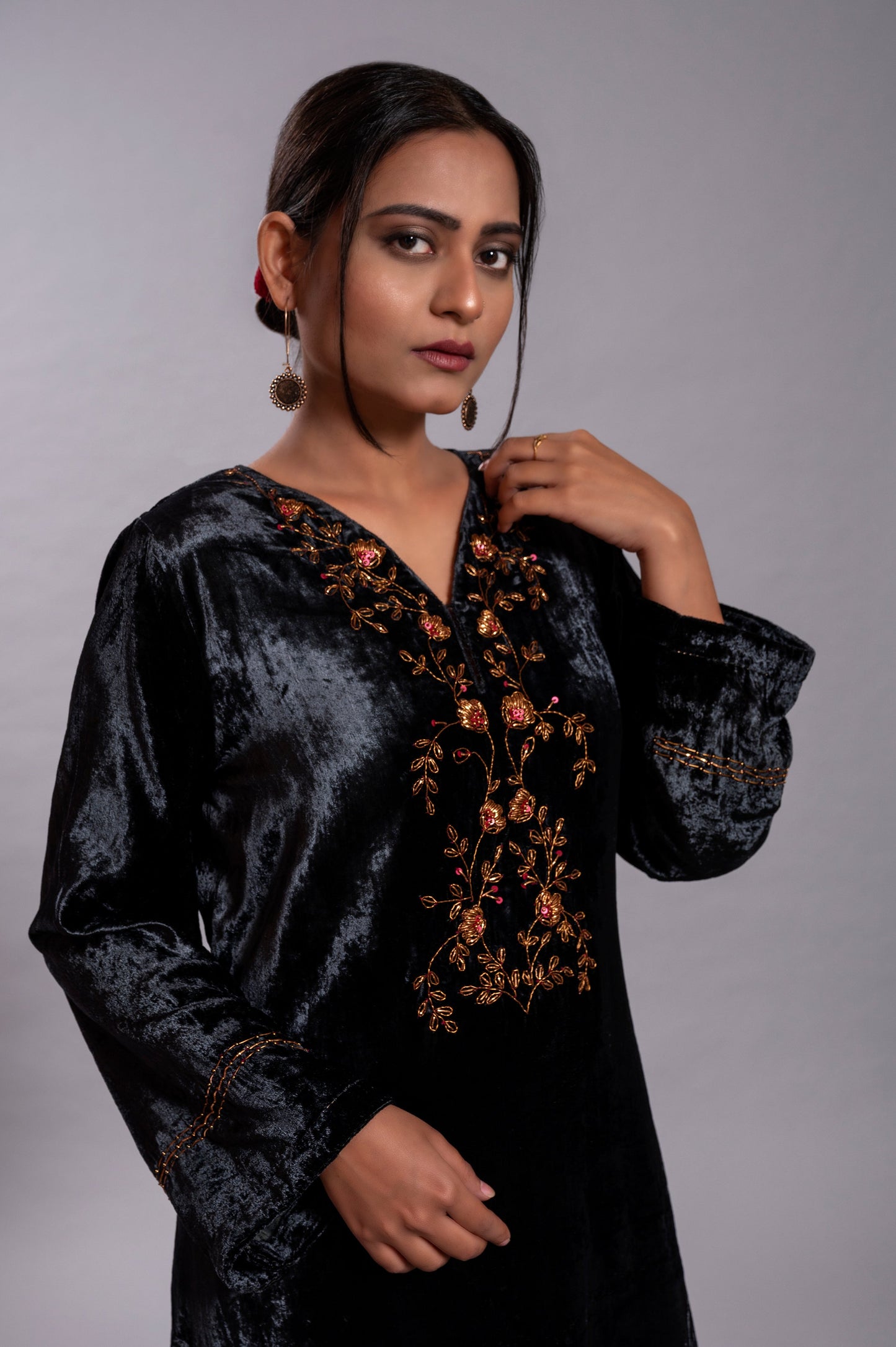 Black Silk Velvet Kurta Set