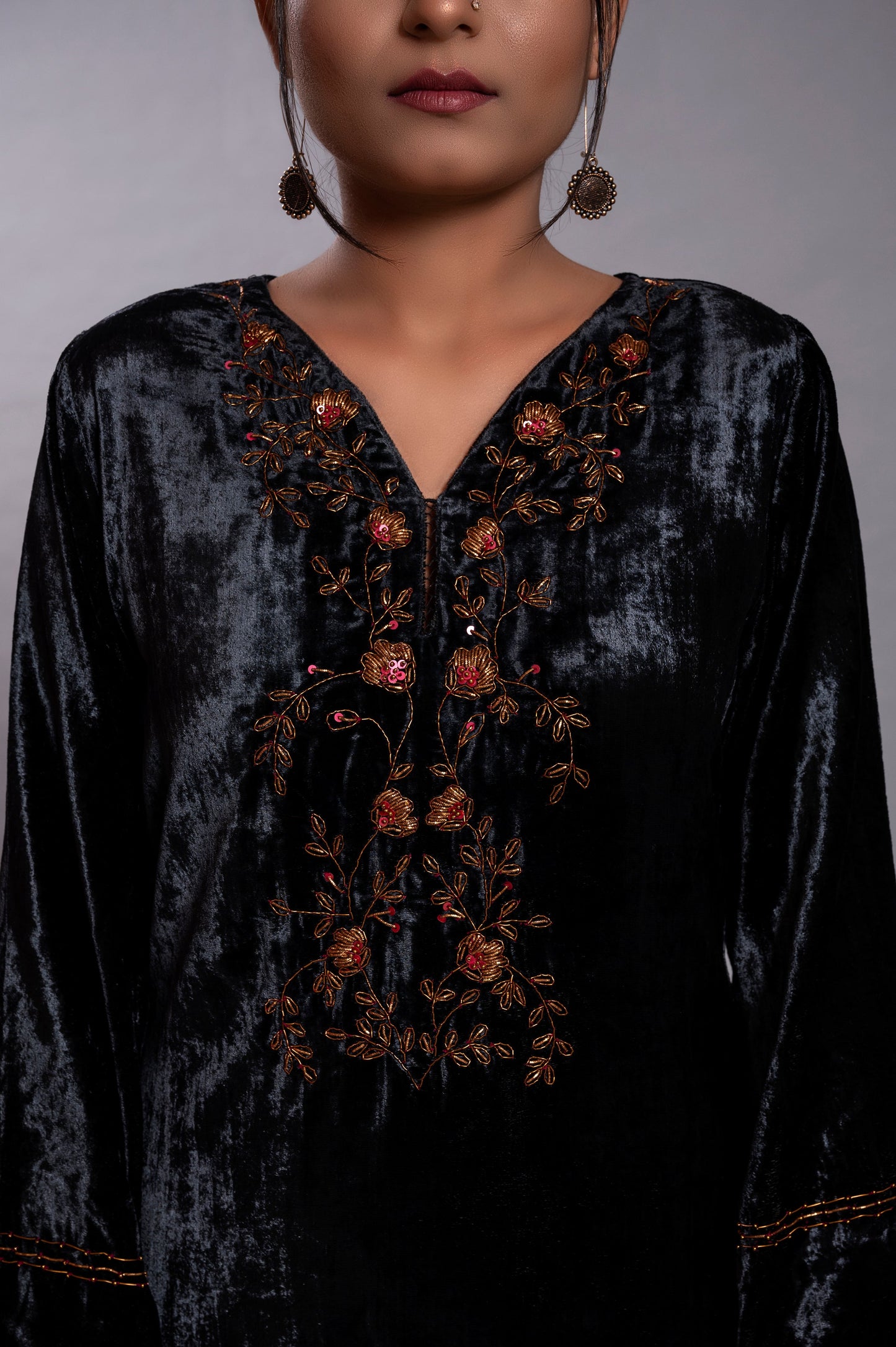 Black Silk Velvet Kurta Set