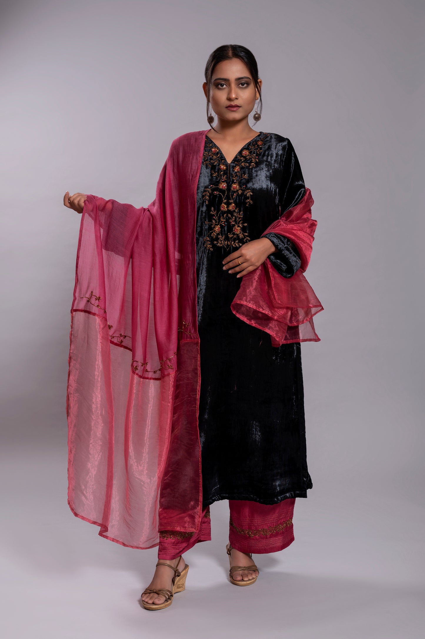 Black Silk Velvet Kurta Set