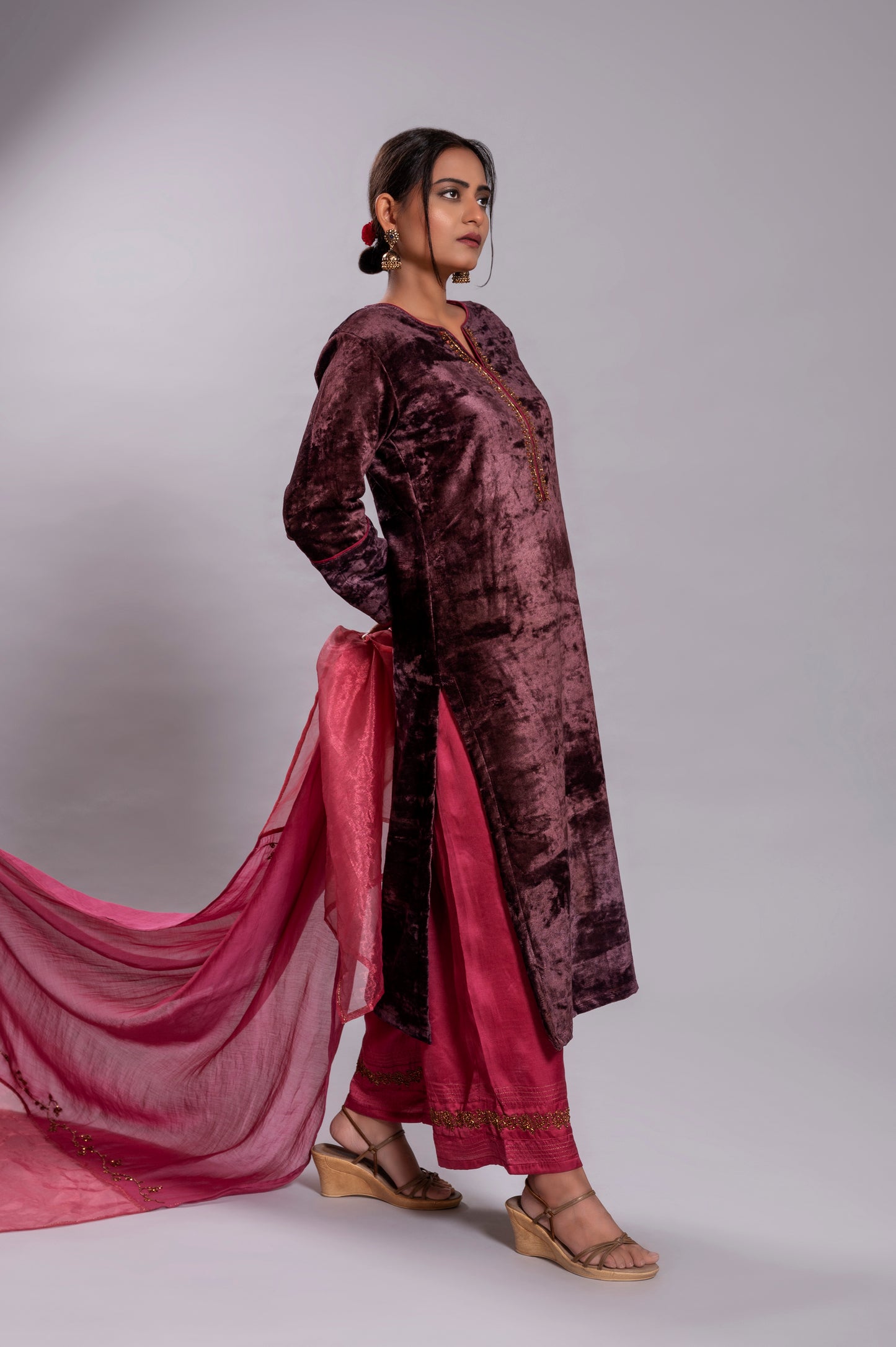 Old Rose Silk Velvet Kurta