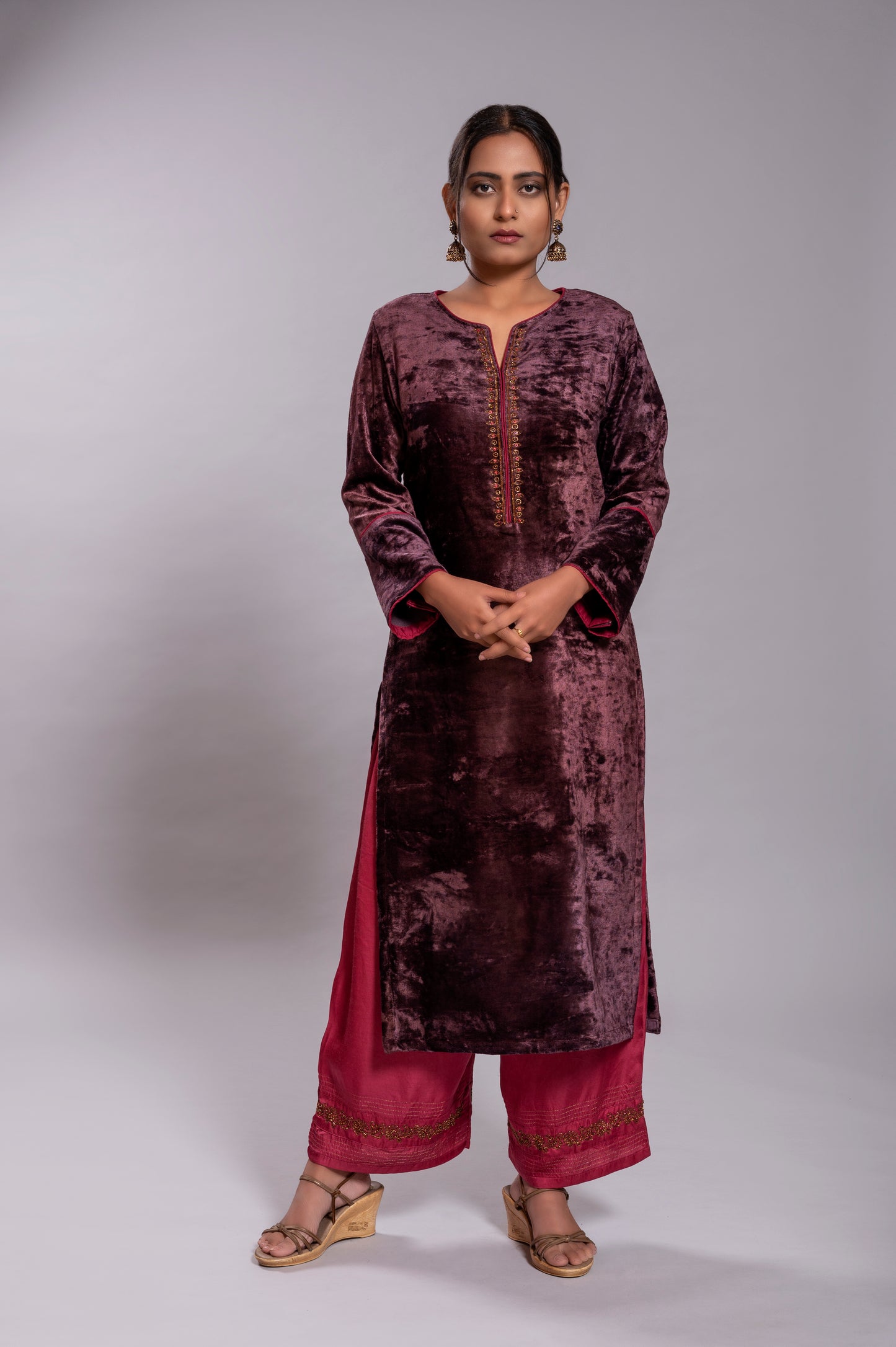 Dark Purple Silk Velvet Kurta Set