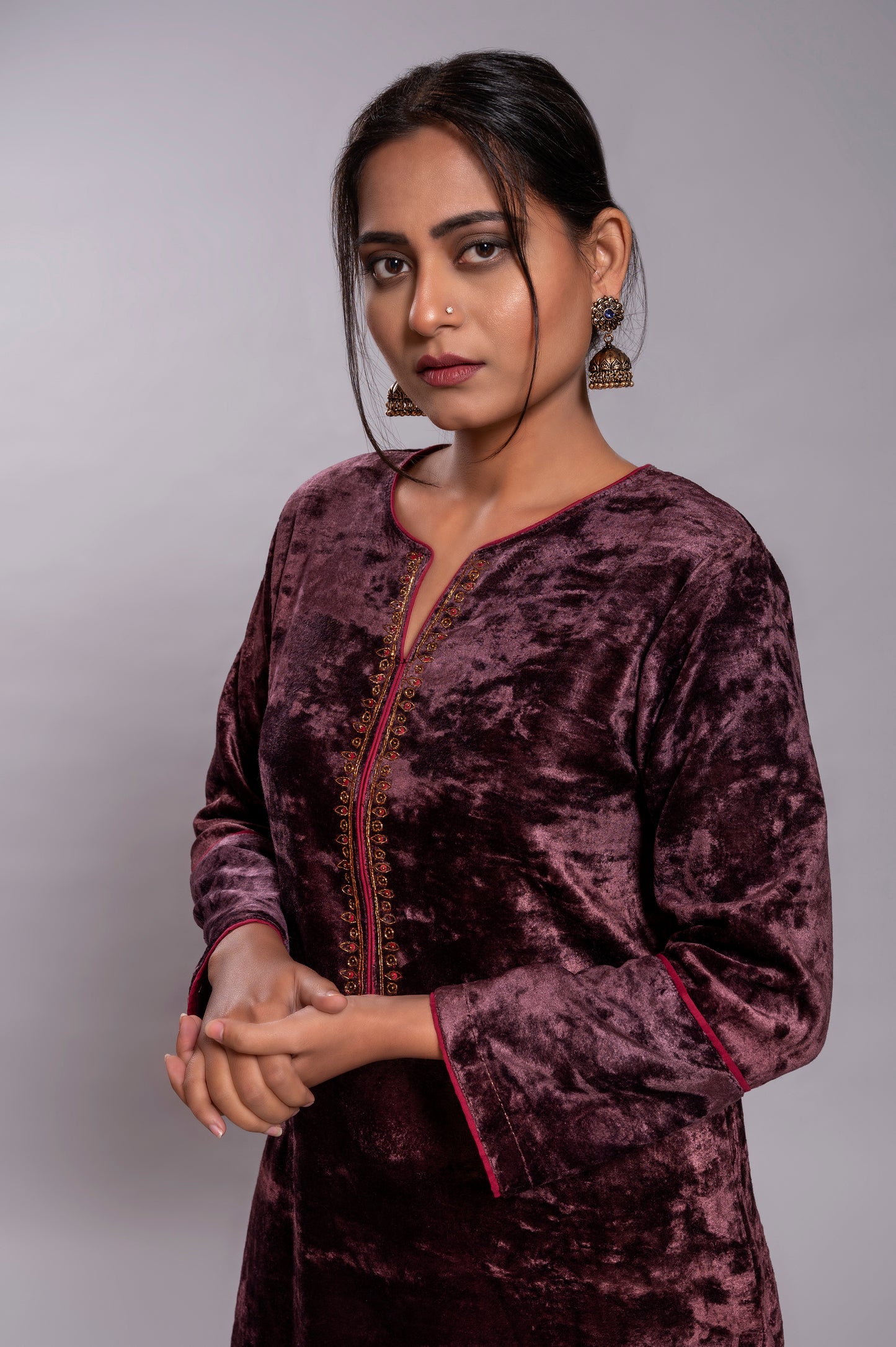 Dark Purple Silk Velvet Kurta Set