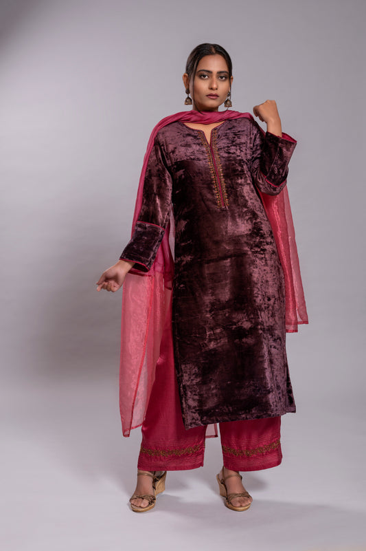 Dark Purple Silk Velvet Kurta Set