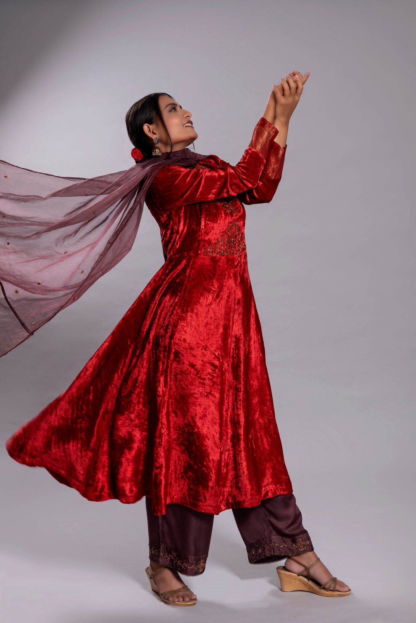 Red Silk Velvet Kurta Set