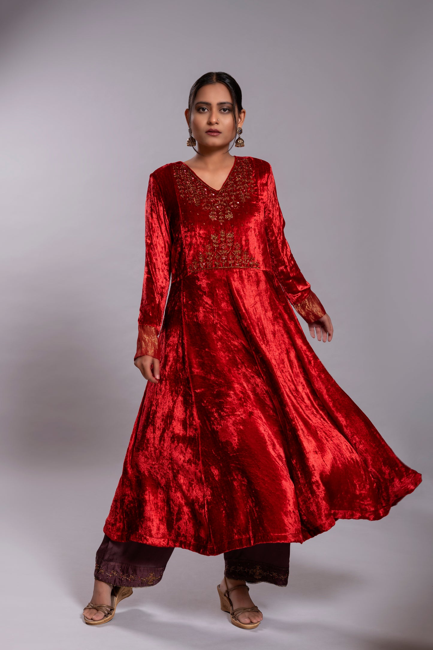 Red Silk Velvet Kurta Set