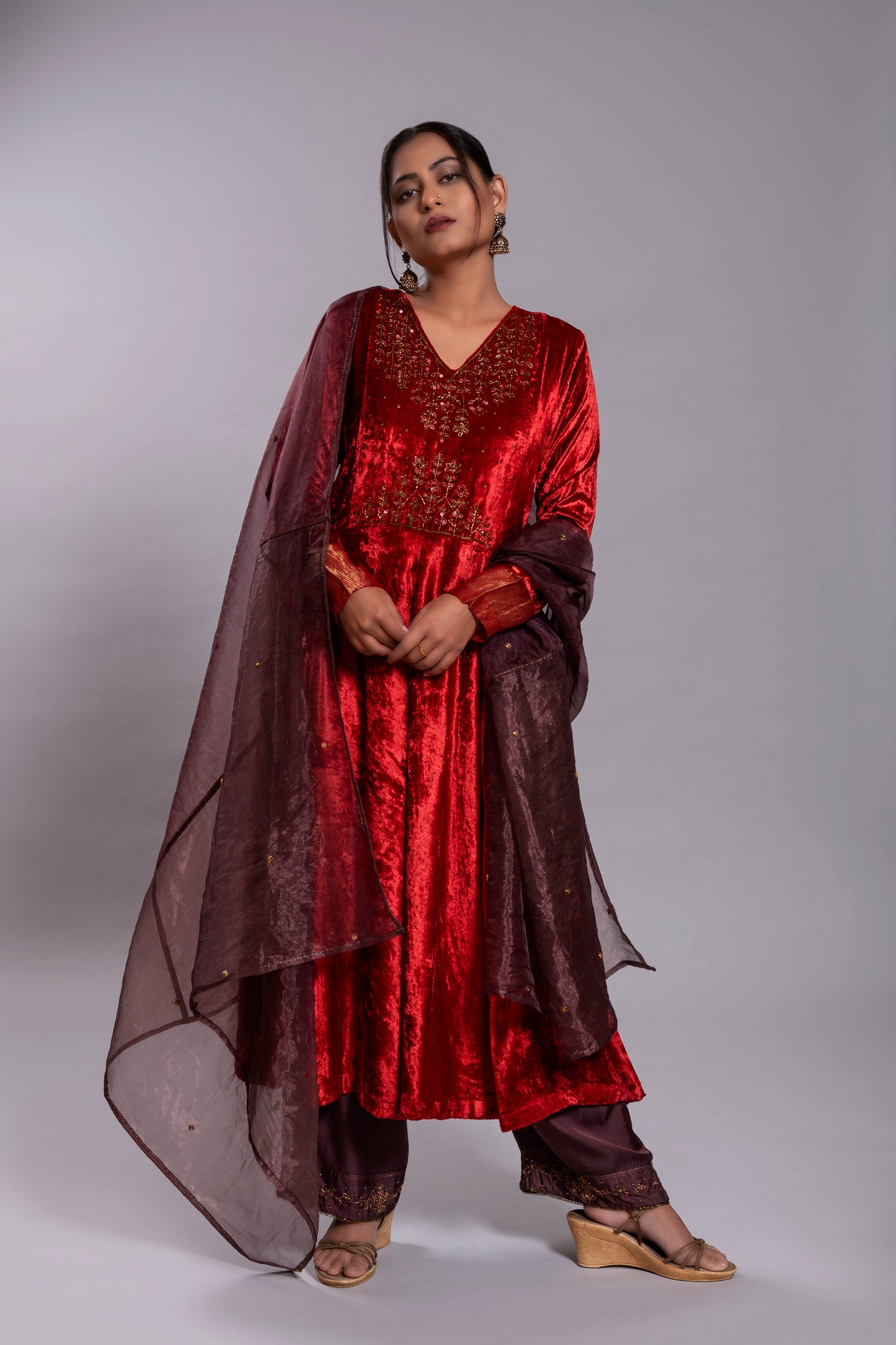 Red Silk Velvet Kurta
