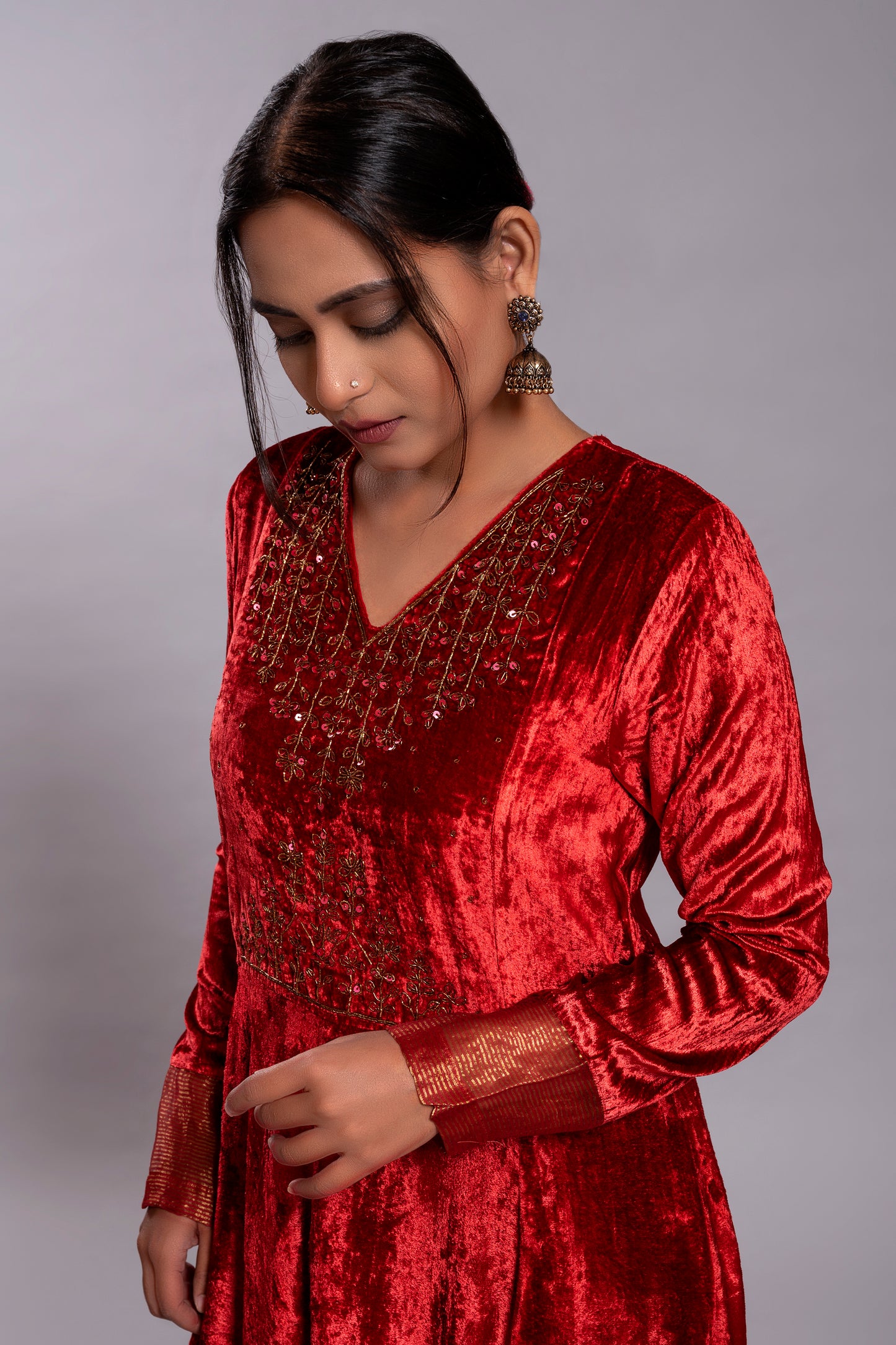 Red Silk Velvet Kurta Set