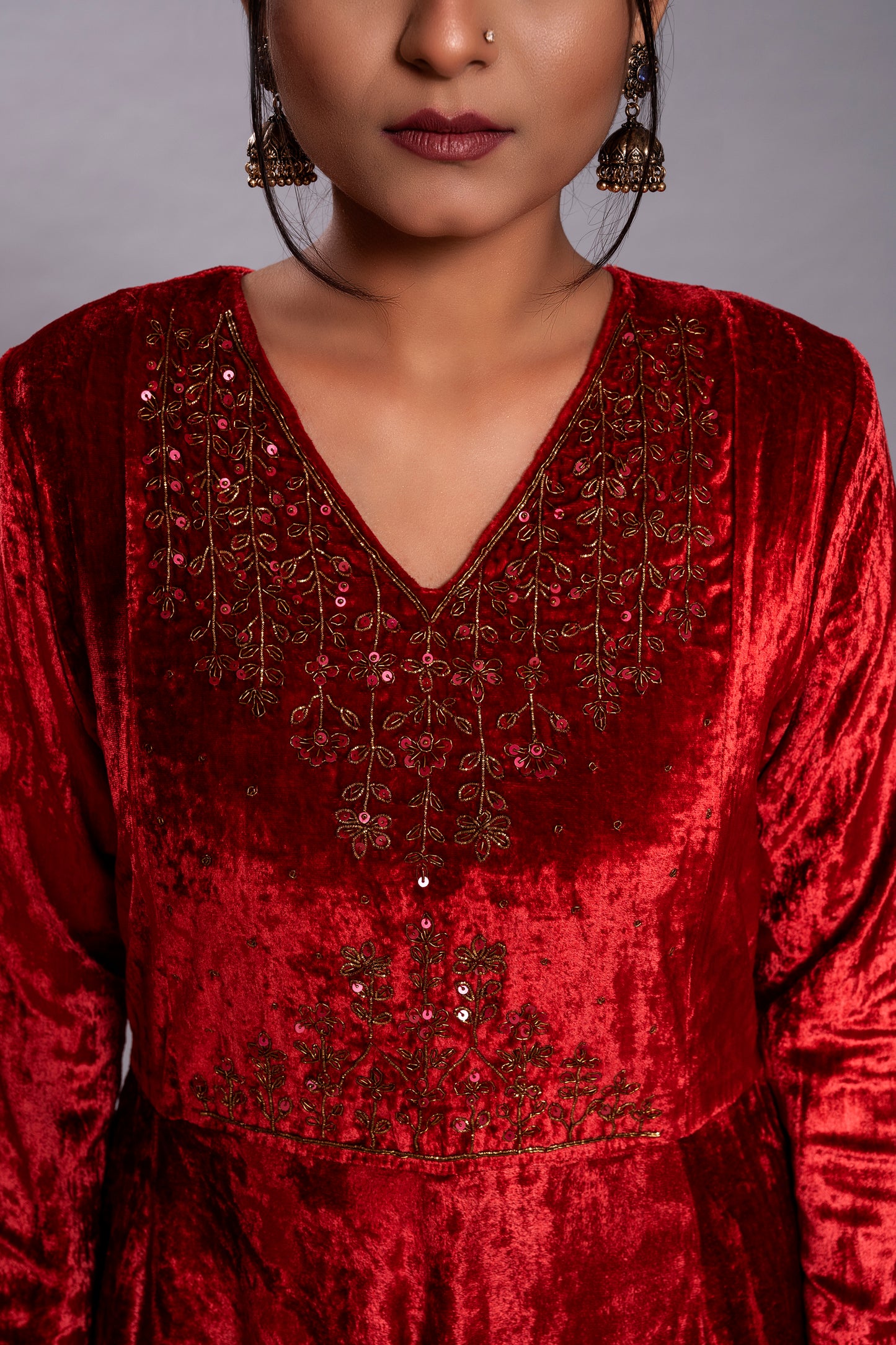 Red Silk Velvet Kurta Set