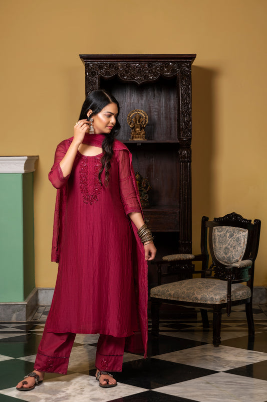 Wine Fine Chanderi Kurta Set