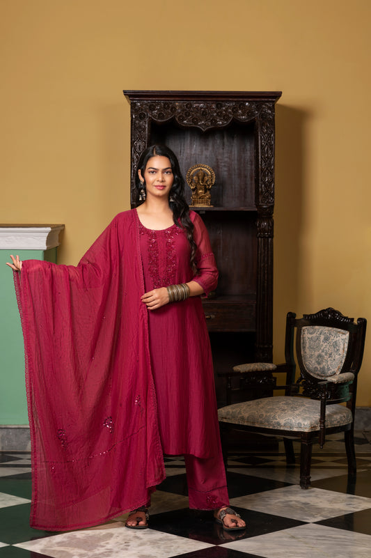 Wine Zardozi Chanderi Dupatta