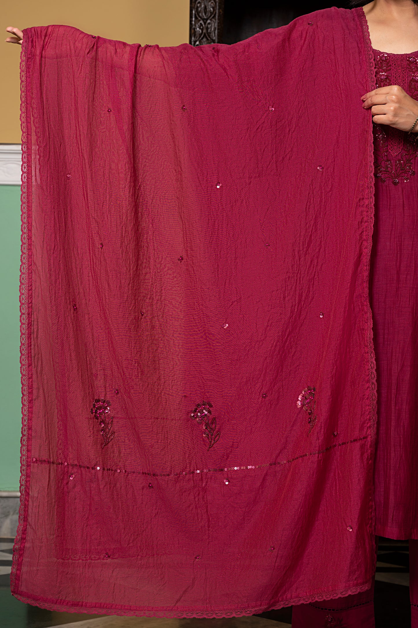 Wine Fine Chanderi Kurta Set