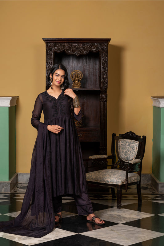 Black Fine Chanderi Kurta Set