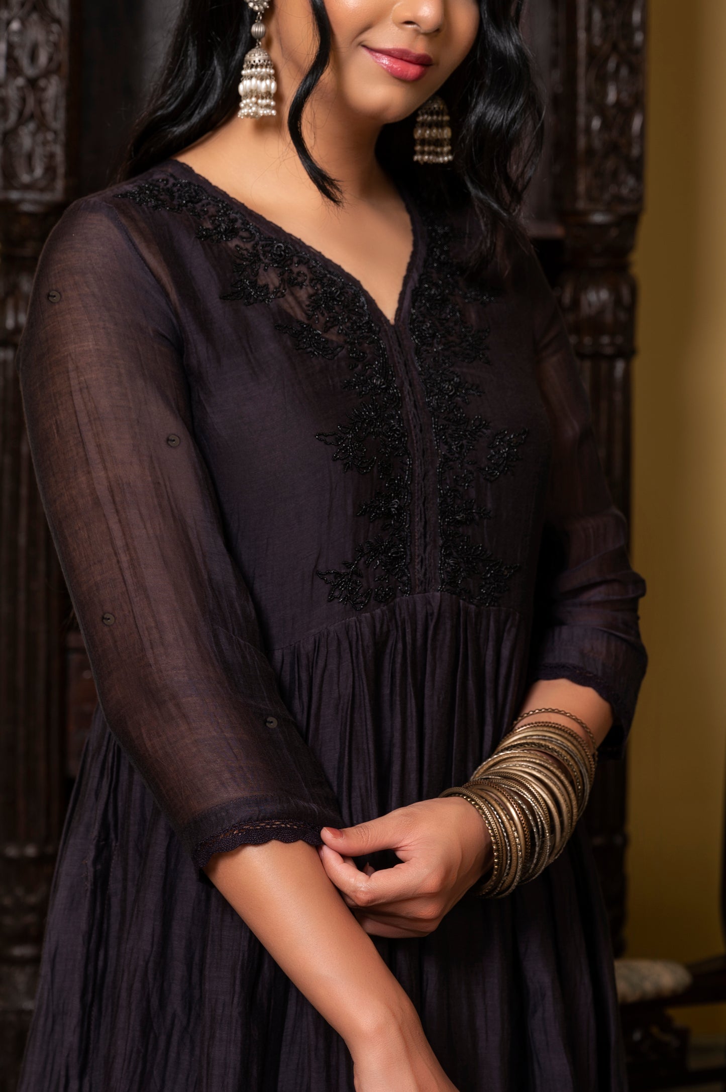 Black Fine Chanderi Kurta Set