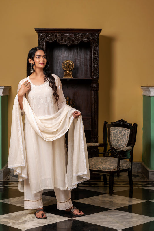 White Fine Chanderi Kurta Set
