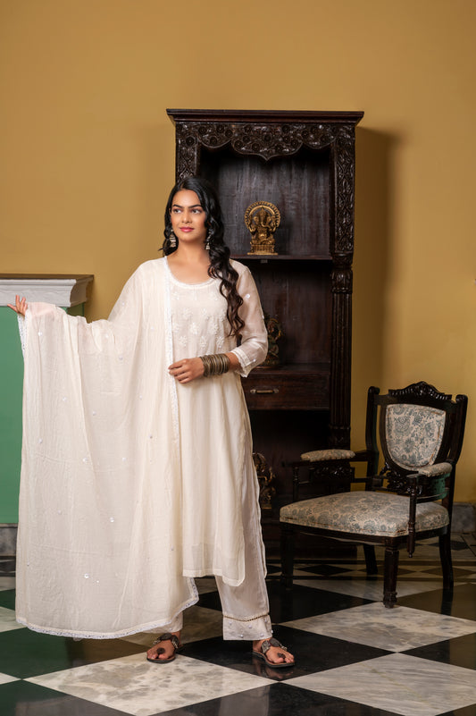White Zardozi Chanderi Dupatta