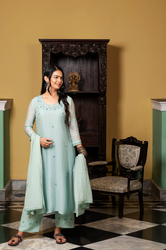 Sea Blue Fine Chanderi Kurta Set