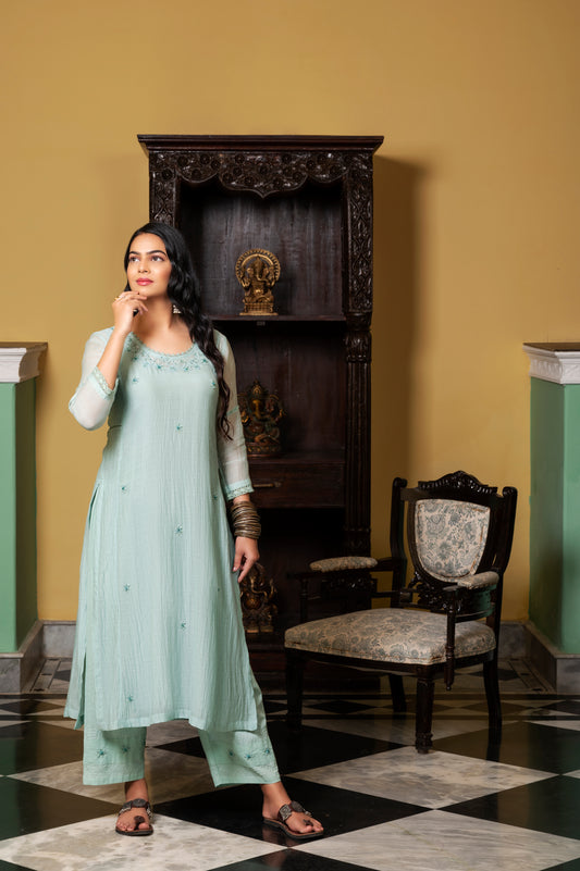 Sea Blue Fine Chanderi Kurta
